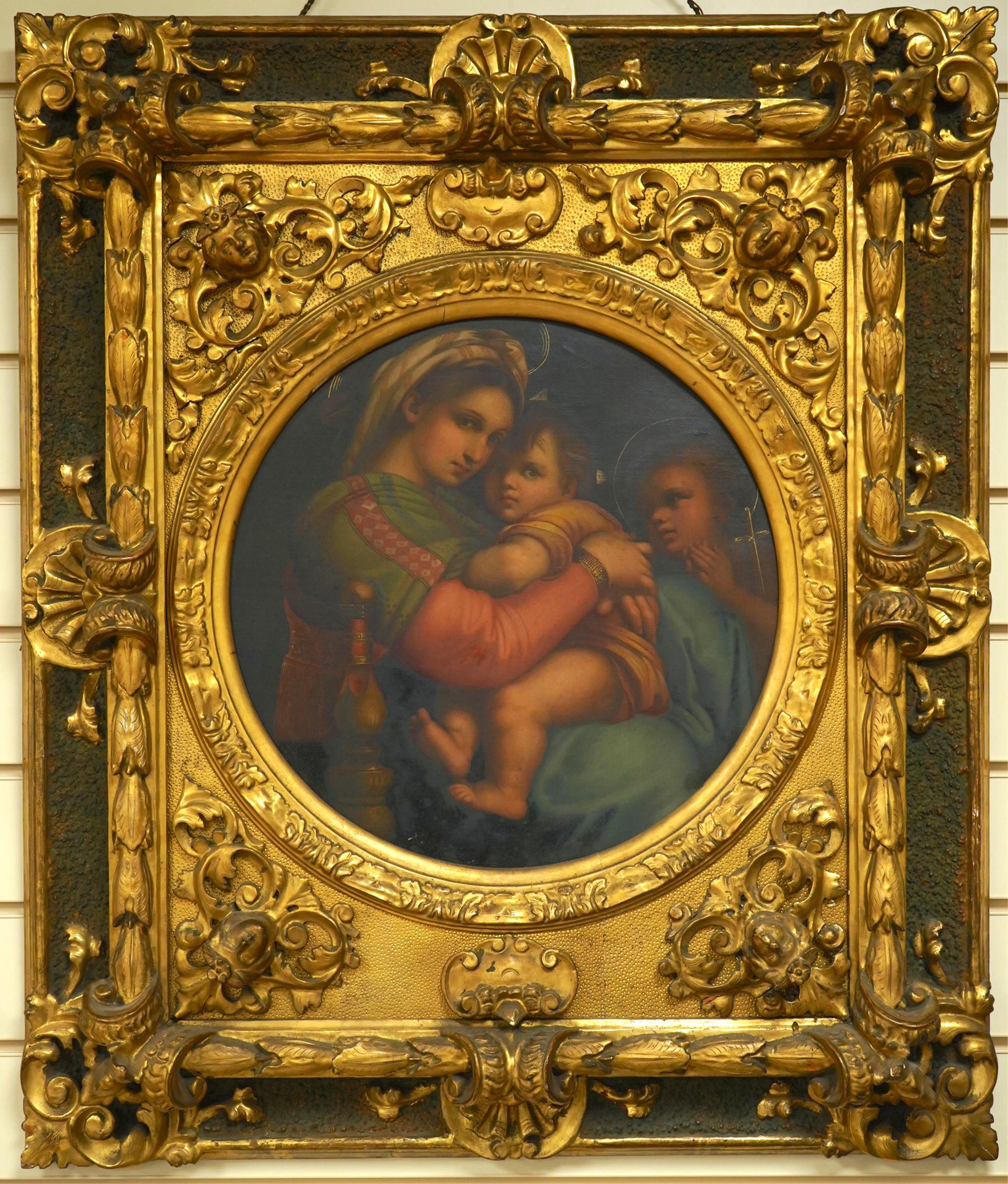 After Raphael (1483-1520), tondo oil on canvas, Madonna and chair, 38cm diameter, housed in ornate gilt frame